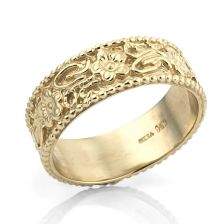 Wide Floral Engraved Gold Wedding Band
