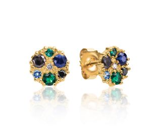 Victorian Style Emerald and Diamond Stud Earrings In Yellow Gold