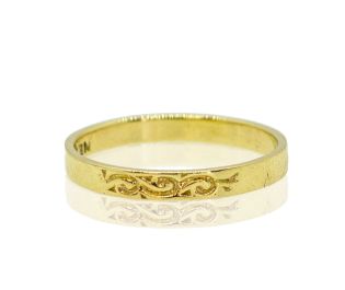 Classic Thin Cylinder Wedding Band Vintage Carvings 14k Gold