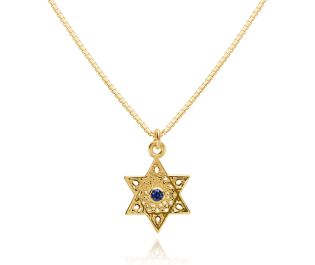 שרשרת זהב עם תליון מגן דויד פיליגרין וספיר