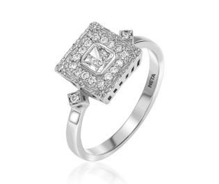 Princess cut diamond in an Art Deco inspired engagement ring