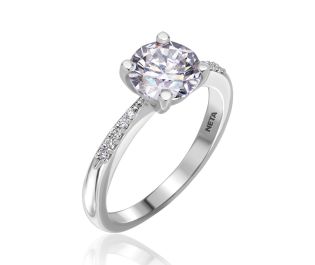 Tapered Solitaire Diamond Engagement Ring w/ Pave Diamonds